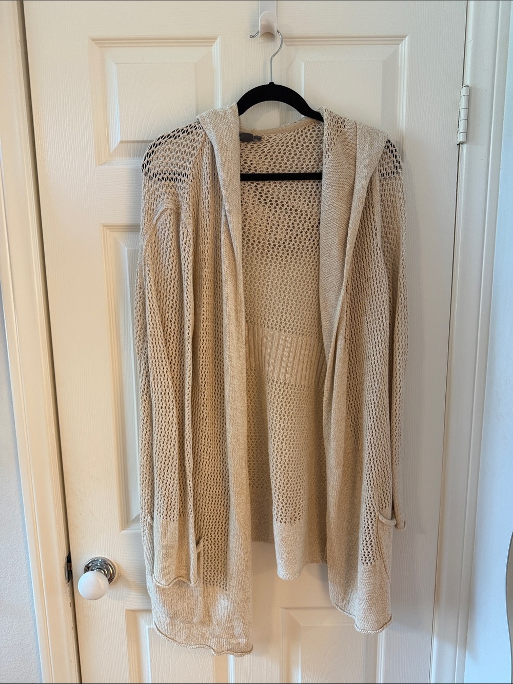 Eddie Bauer Beige Open-Knit Hooded Cardigan Sweater with hoodie